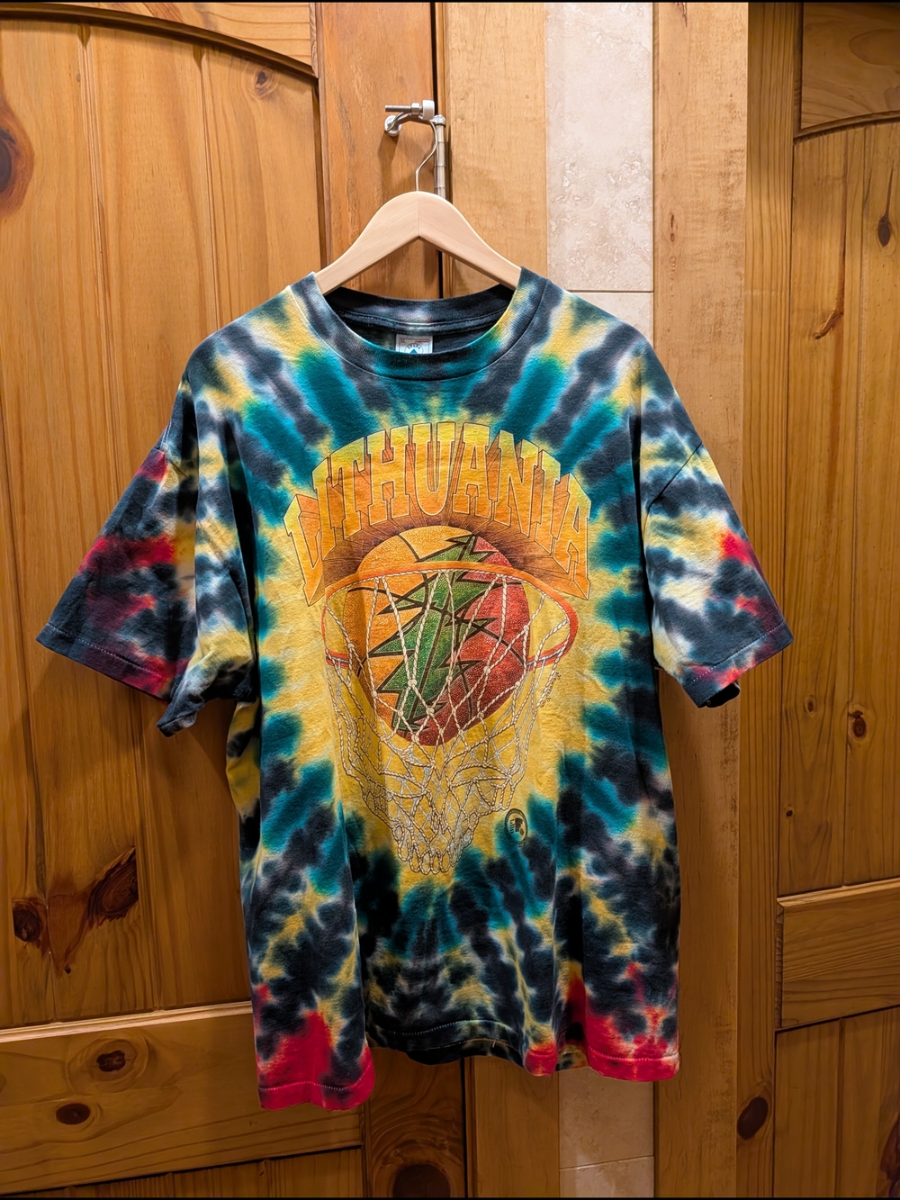 Delta Tie-Dye Lithuania Basketball Tee in Yellow, Blue, Green, Red